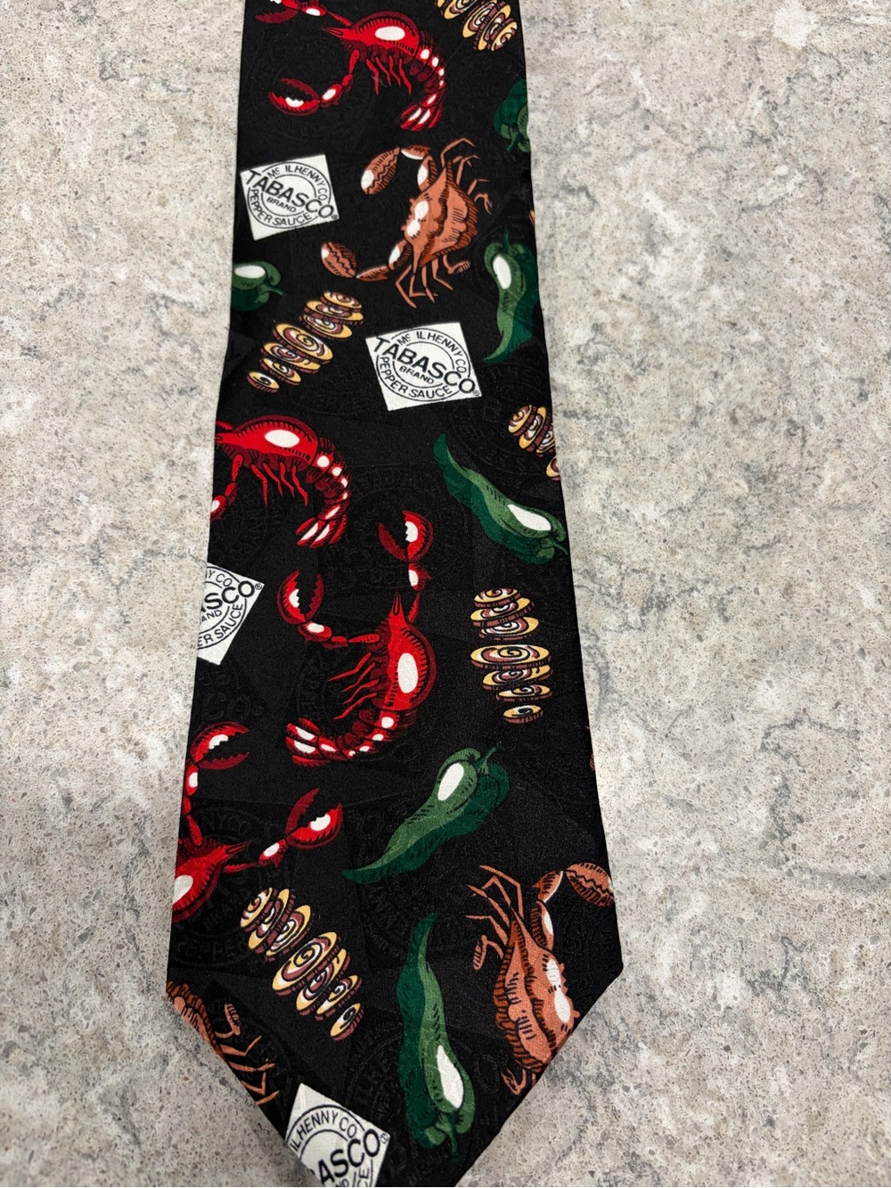 Tabasco & Seafood Motif Black Men's Silk Tie